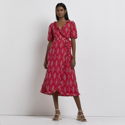 Womens Red heart print wrap midi dress ...